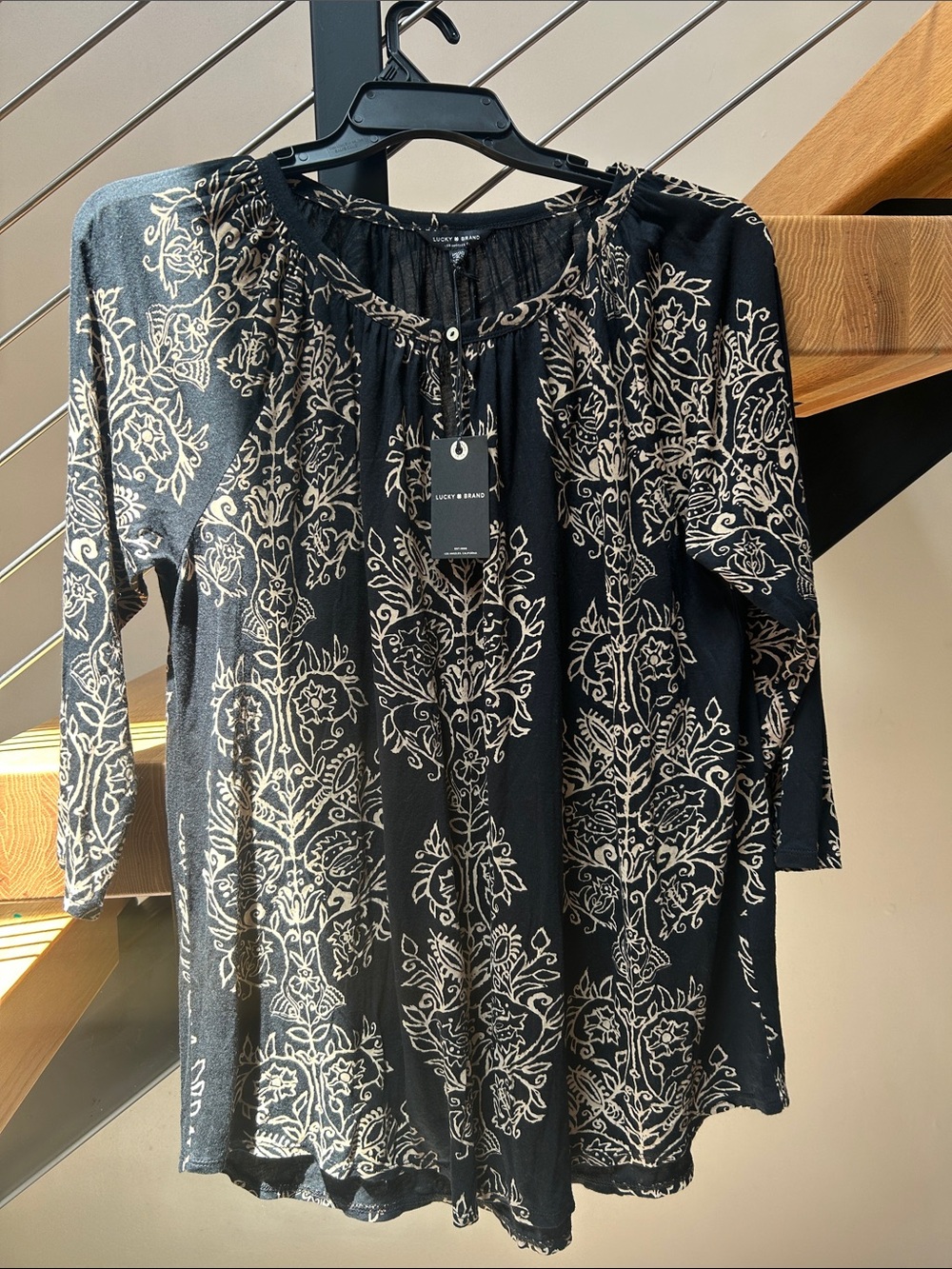 Lucky Brand Black and Cream Printed Peasant Tunic